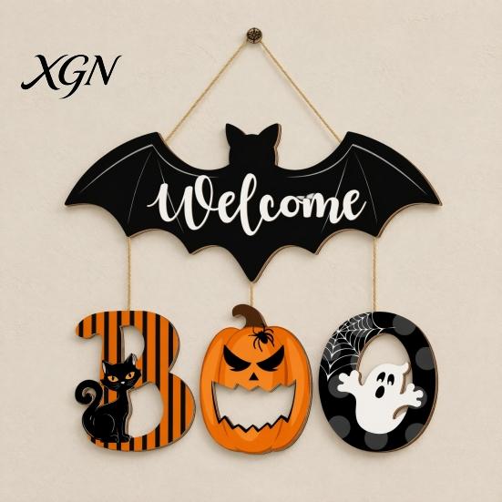 Wall Hanging Party Decoration Halloween BOO Door Sign, Spooky Bat Welcome Wooden Ghost Pumpkin Rustic Board Black Cat Hanger Ornaments for Front