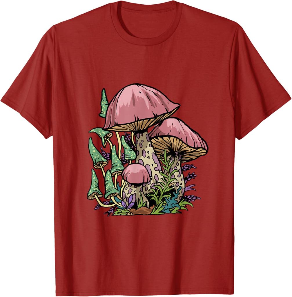 Psychedelic Cottagecore Mushroom Print Graphic Tee Soft Casual T-Shirt for Men Trip