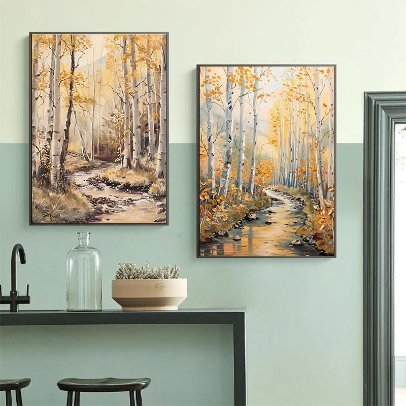 Eichenbaum Kunst Ruhige Berg Herbstwald Hütte Landschaft Schmetterling Poster Leinwanddruck Wandkunst Zimmer Heimdekor Geschenk