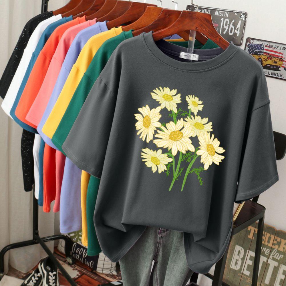 Street Baumwolle Damen T-Shirts Frisch Harajuku Gelbe Chrysanthemenblumen Drucke Oberteile Locker Rundhals Weiche T-Shirts Damenbekleidung