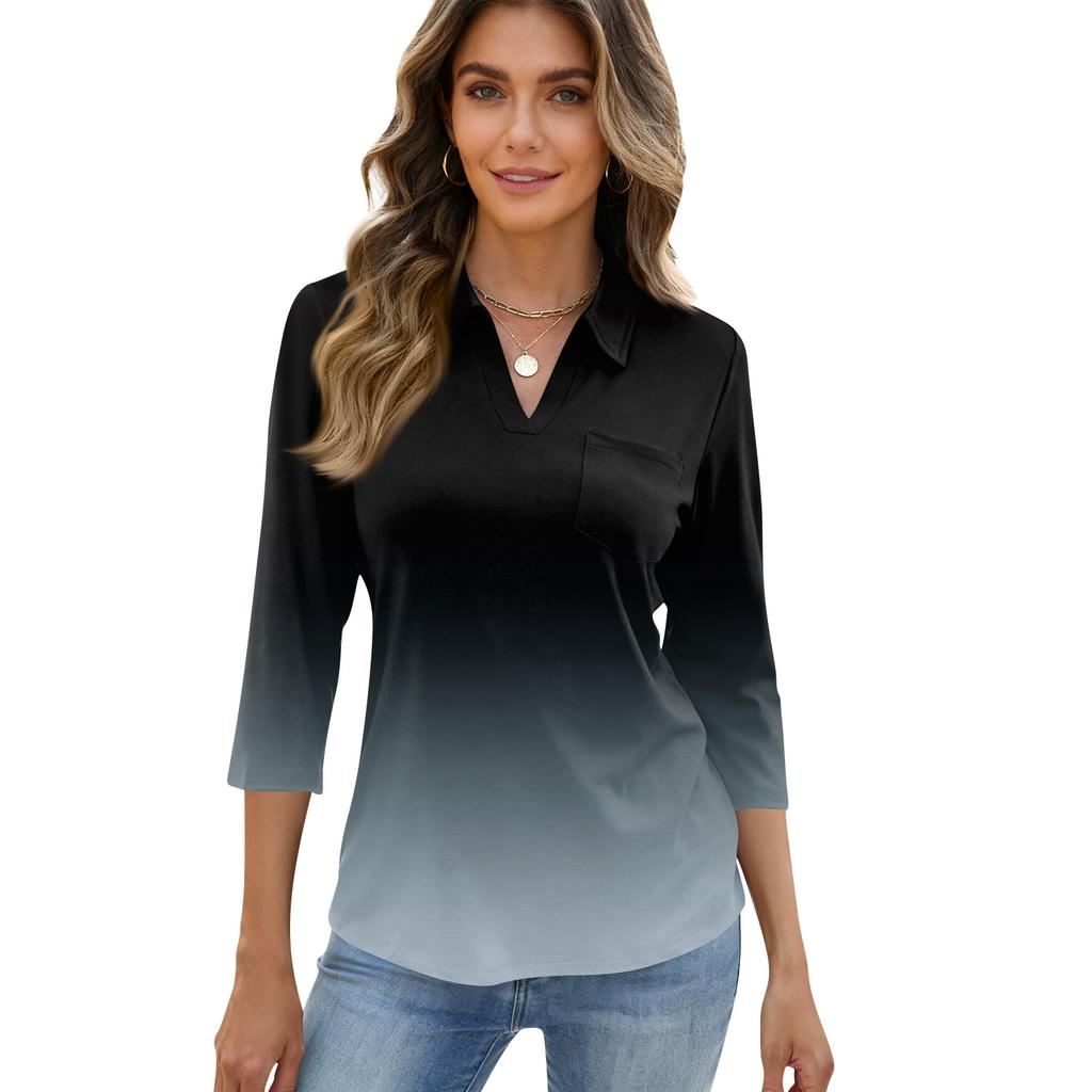 Damen Mode Lässig Revers Kurz 3/4 Ärmel Print Hemd Damen Oberteile