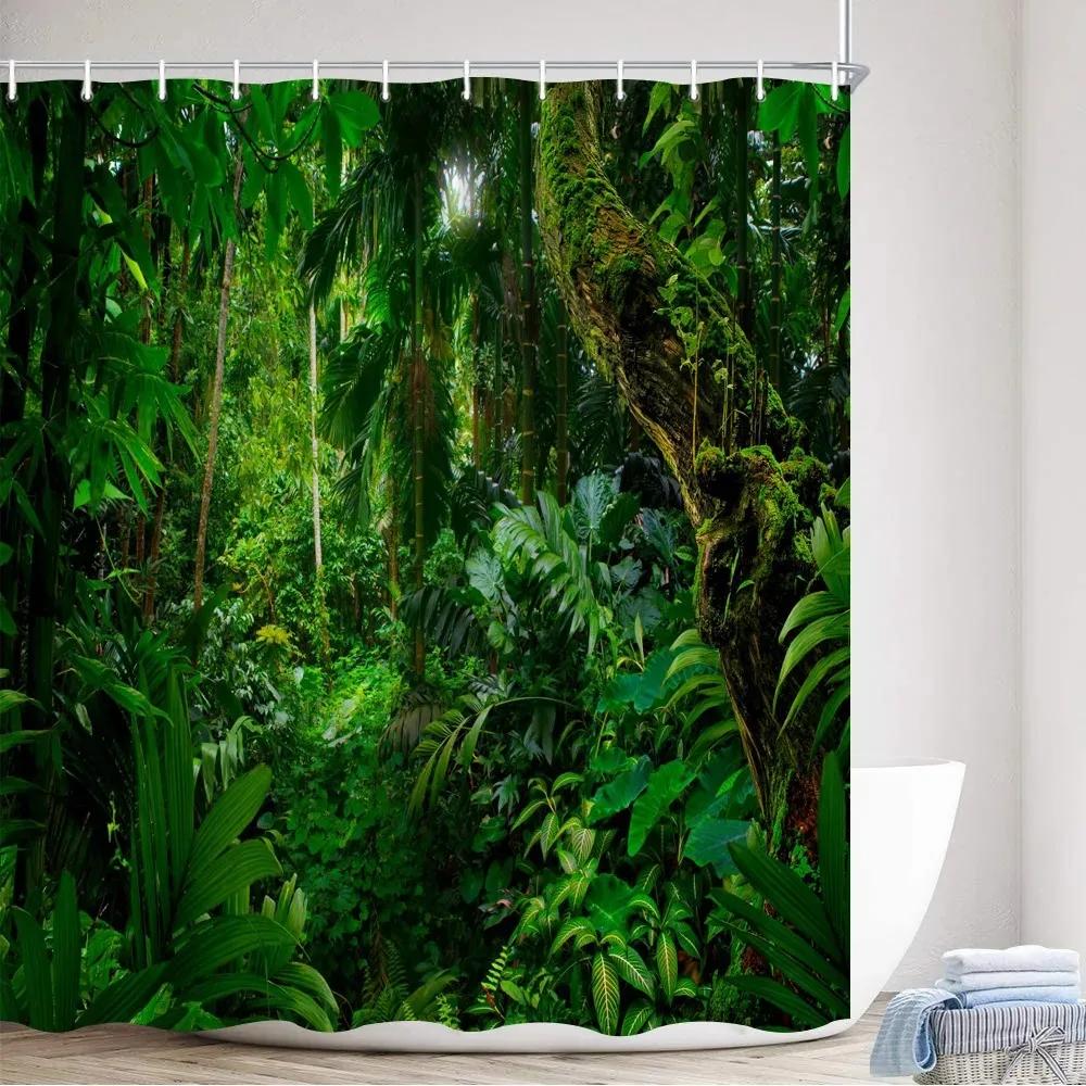 Tropischer Regenwald Duschvorhänge Waldpflanzen Rustikale Naturlandschaft Badevorhang Gartenwandbehang Badezimmer Dekor Haken