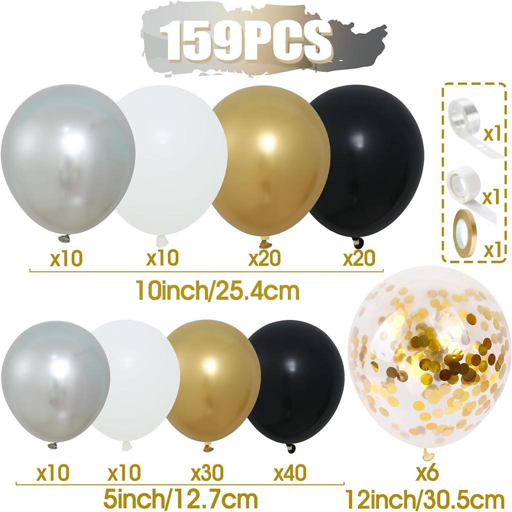159PCS Black and Gold Latex Balloon Set Suitable for Birthday Parties, Weddings, Valentine's Day Parties, and Decoration