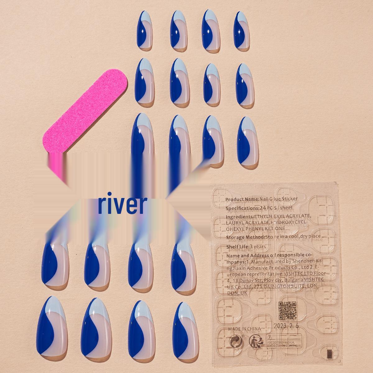 

Миндалевидные съемные носимые накладные ногти с французской синей полоской