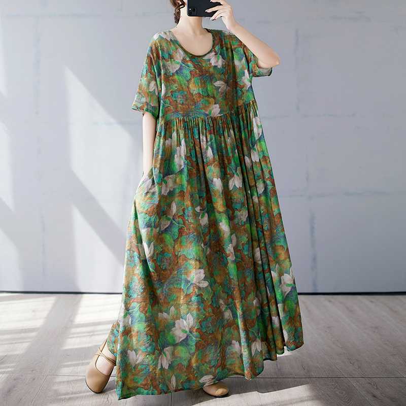 Fashionable Long Skirt Summer Short Sleeved Round Neck Printed Dress