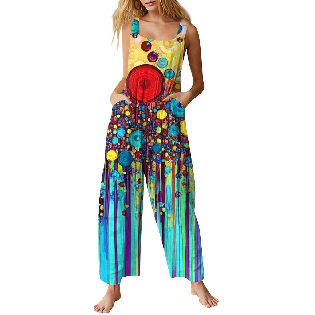 Women's Casual Jumpsuit Sleeveless Floral Print Cotton Jumpsuit