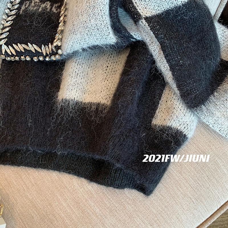 Heavy Industry Checkerboard Sweater Women's Autumn and Winter New Design Sense Niche Retro Lazy Style Top