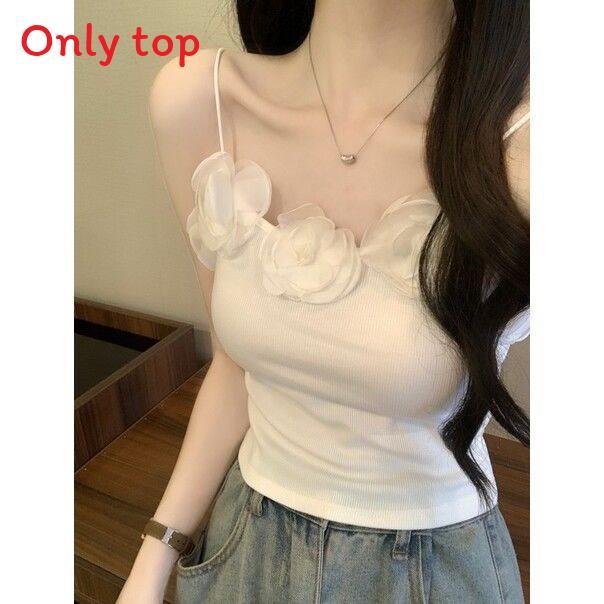 Short Tank Top With 3d Flower Embroidery For Summer Fashion Women