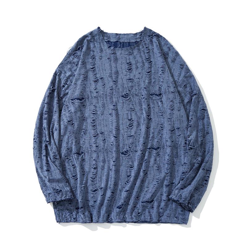 

2024 осень y2k уличная мужская новинка ретро свитер с бахромой и дырками свободный универсальный свитер для мужчин и женщин свитер с длинным рукавом XL синий