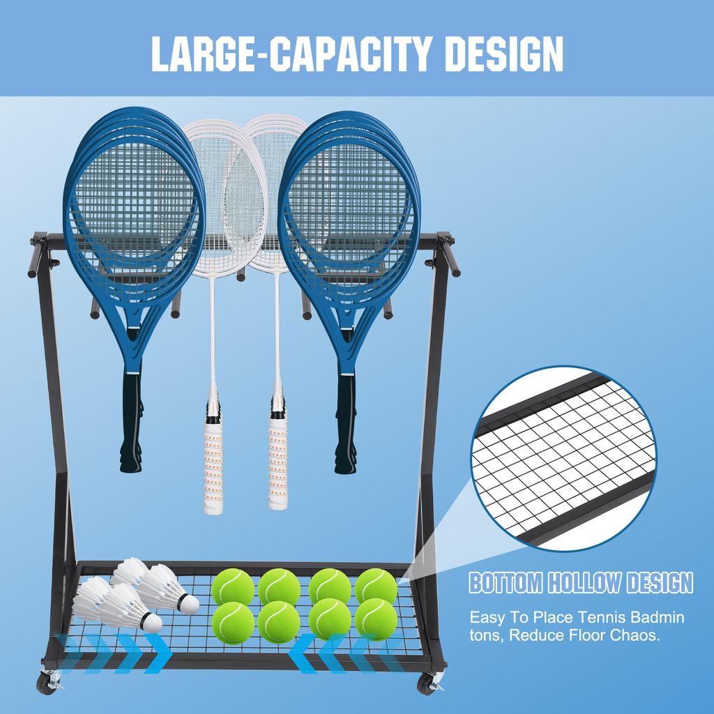 Nowy Stojak do Przechowywania Rakiet Tenisowych z Kółkami Obrotowymi 360° Materiał Żelazny Stojak do Przechowywania Rakiet Tenisowych Łatwy w Montażu Łatwy do Czyszczenia