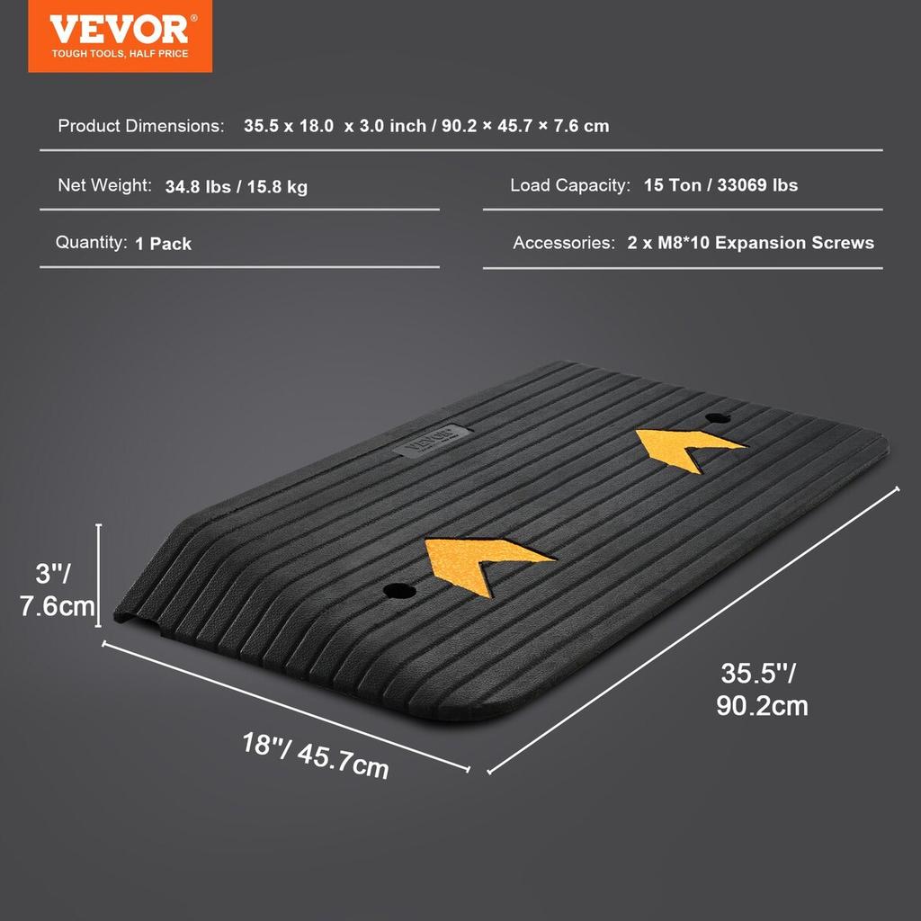 Upgraded Rubber Threshold Ramp, 3" Rise Door Ramp with 1 Channel, Natural Rubber Car Ramp with Non-Slip Textured Surface, 33069 lbs Load Capacity Curb