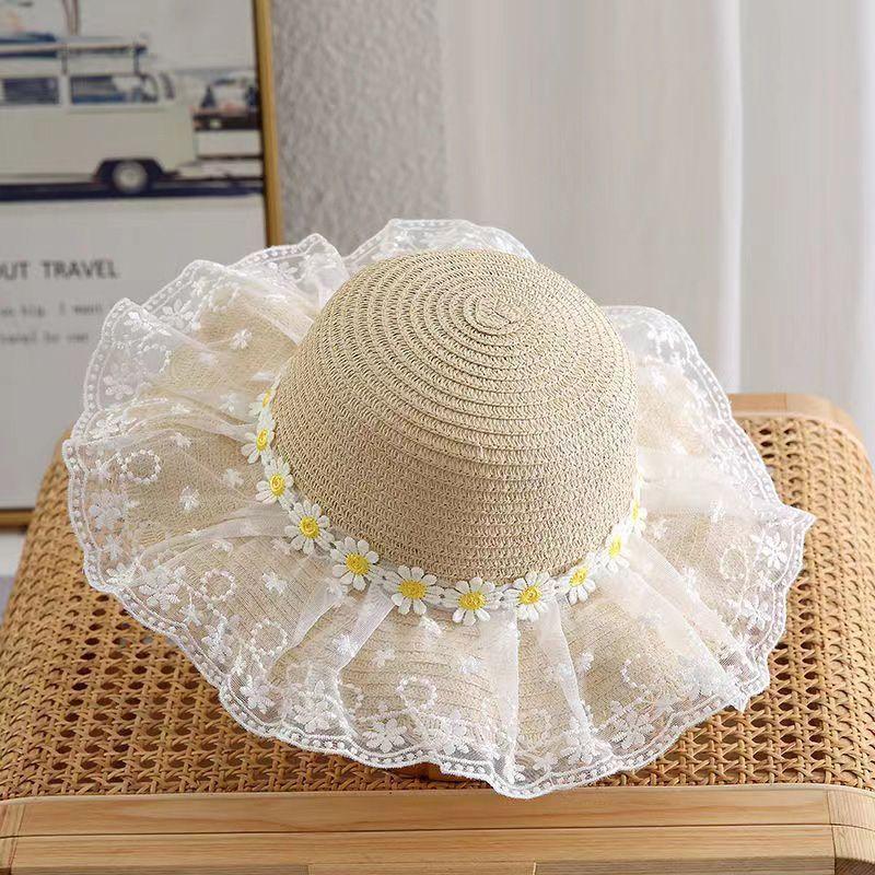 Chapeau de Paille d'Été pour Bébé Fille Couleur Unie Dentelle Volant Chapeau de Pêcheur pour Enfants Casquettes de Plage d'Extérieur Pare-soleil Chapeaux Bob à Large Bord
