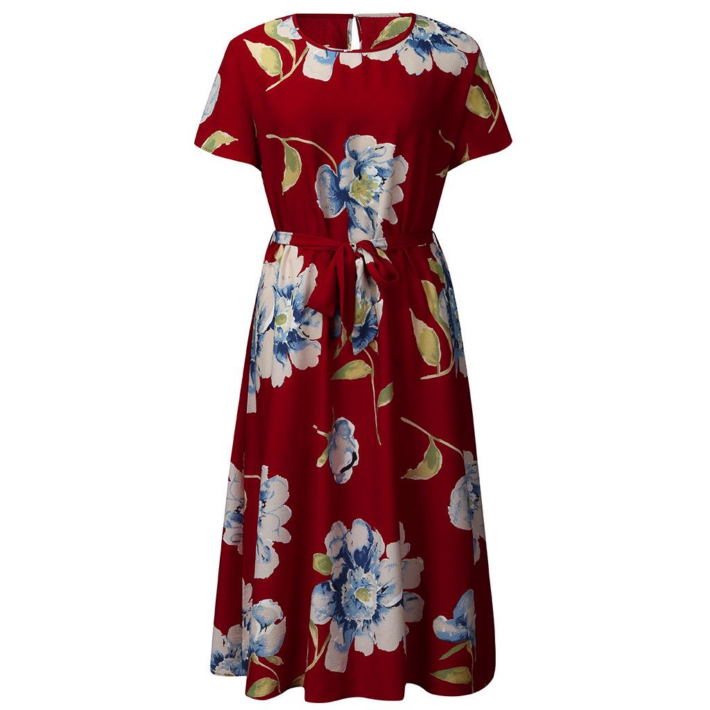 Women's Plus Size Printed Midi Dress - Round Neck, Short Sleeve, Waist-Cinched, European American Style