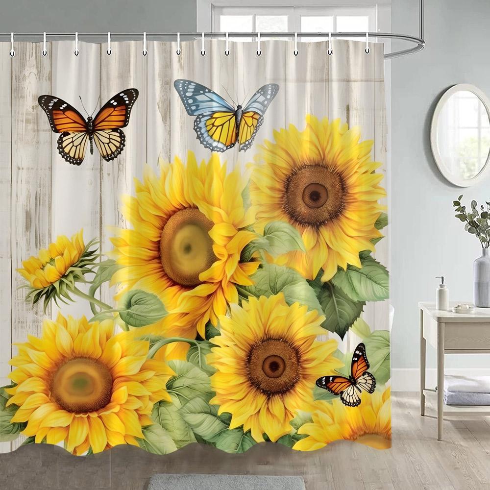 Rustic Sunflower Shower Curtains Vintage Farm Barn Wooden Door Autumn Floral Butterfly Bathroom Curtain Polyester Home Decor Set