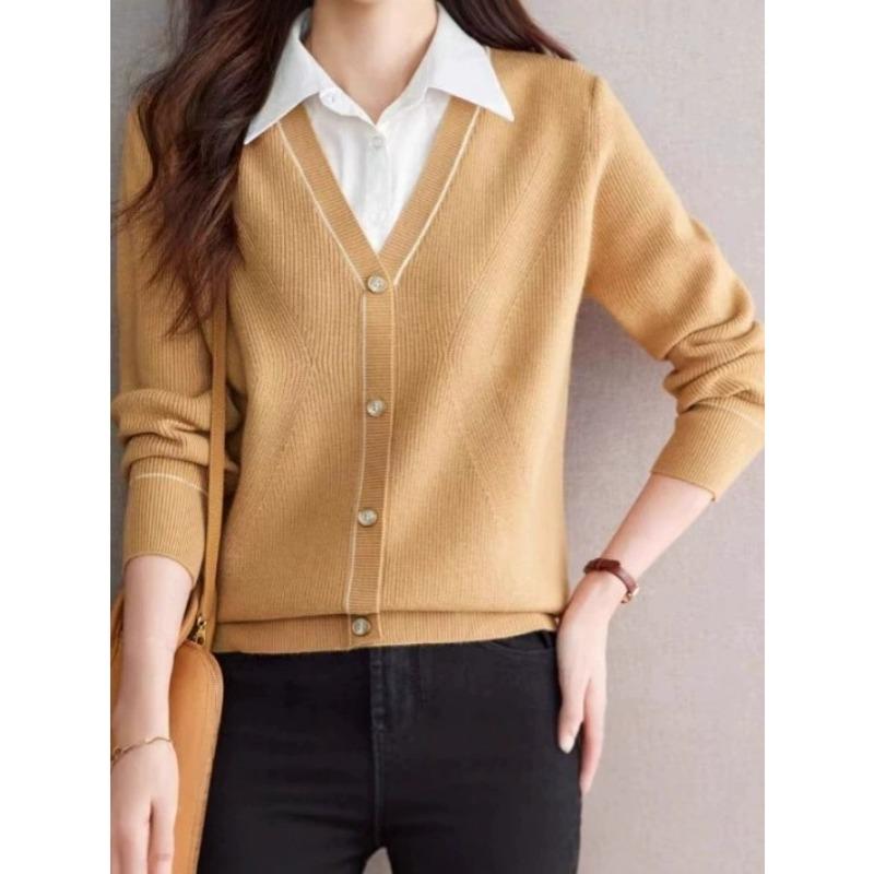 Fake two-piece knitted t-shirt women's long-sleeved autumn new shirt collar contrasting color splicing thin casual top spring