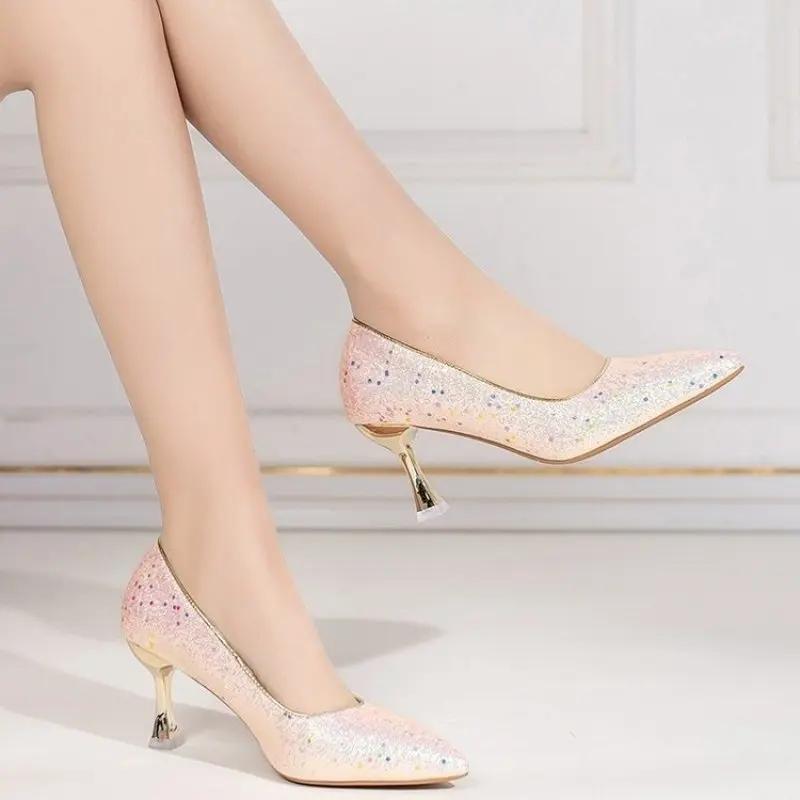 Fashion NEW Sequins Women Pumps 2024 Comfort Fashion Luxury Crystal High Heel Party Wedding Shoes Woman Elegant Pointed Toe Pumps