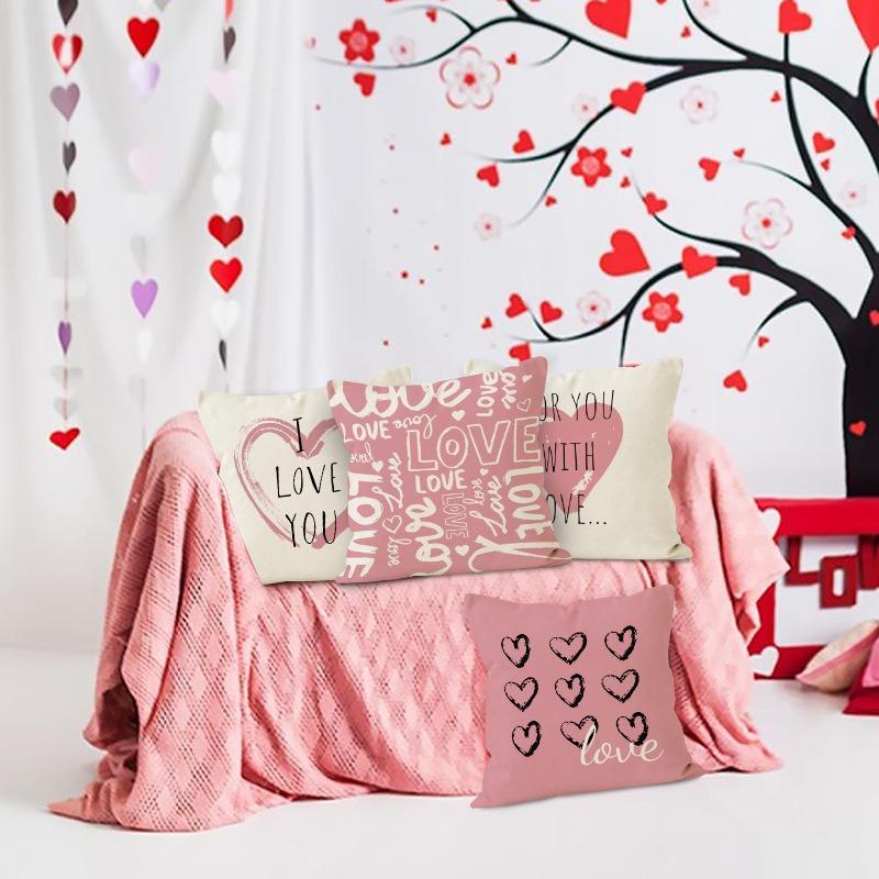 Valentine'S Day Pink Heart Print Home Decor Pillowcase Bedroom Living Room Sofa Decoration Polyester Cushion Cover With Zipper