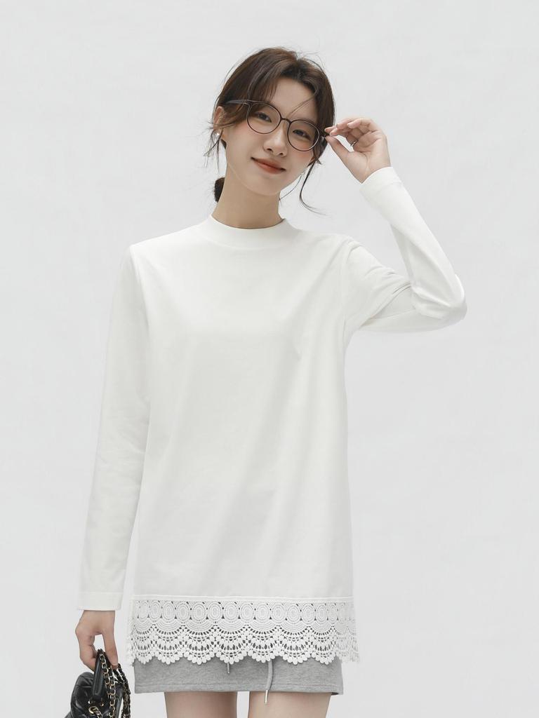 Women's Long Sleeve Lace Hem T-Shirt with Half-High Collar - Loose, Slimming Mid-Length Base Layer