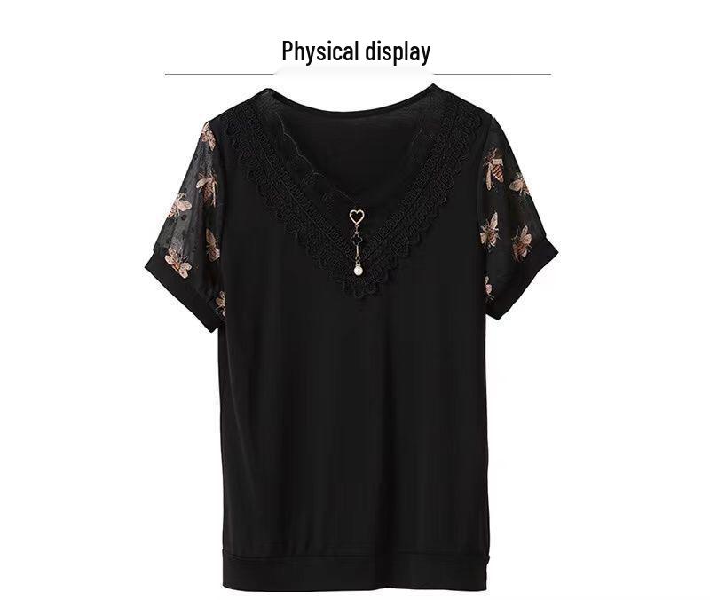 2023 Summer V-Neck Lace Chiffon Blouse for Women - Fashionable Short Sleeve Top for Middle-Aged Moms
