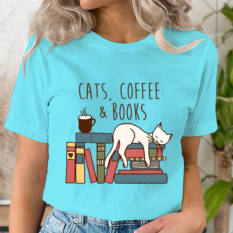 Cats Coffee Books Women Cute Bookworm TShirts Funny Book Lover T Shirt Vintage Reading Graphic Tees Female Bookish Tops Tshirt