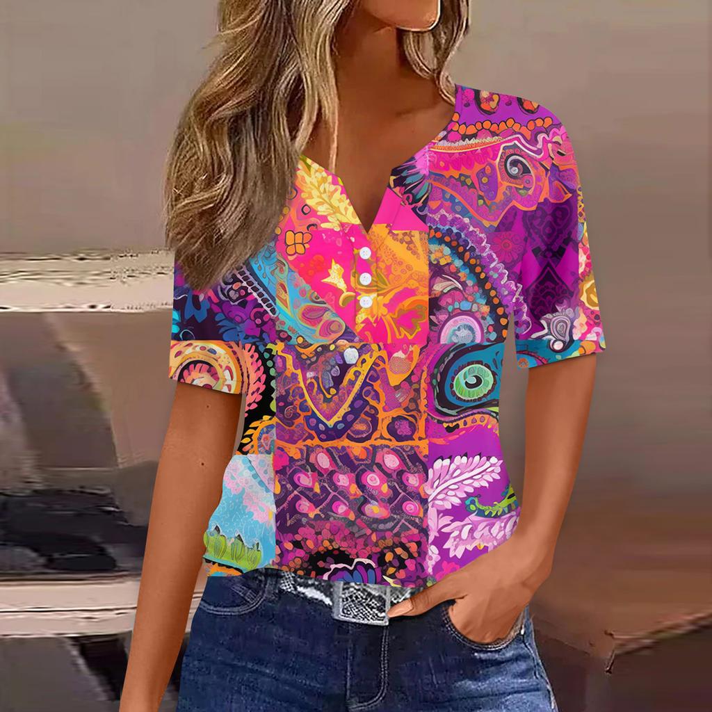 Damen T-Shirt mit Aufdruck und Knopfleiste, kurzärmelig, für den Alltag, Wochenende, modisch, Basic, V-Ausschnitt, normales Oberteil