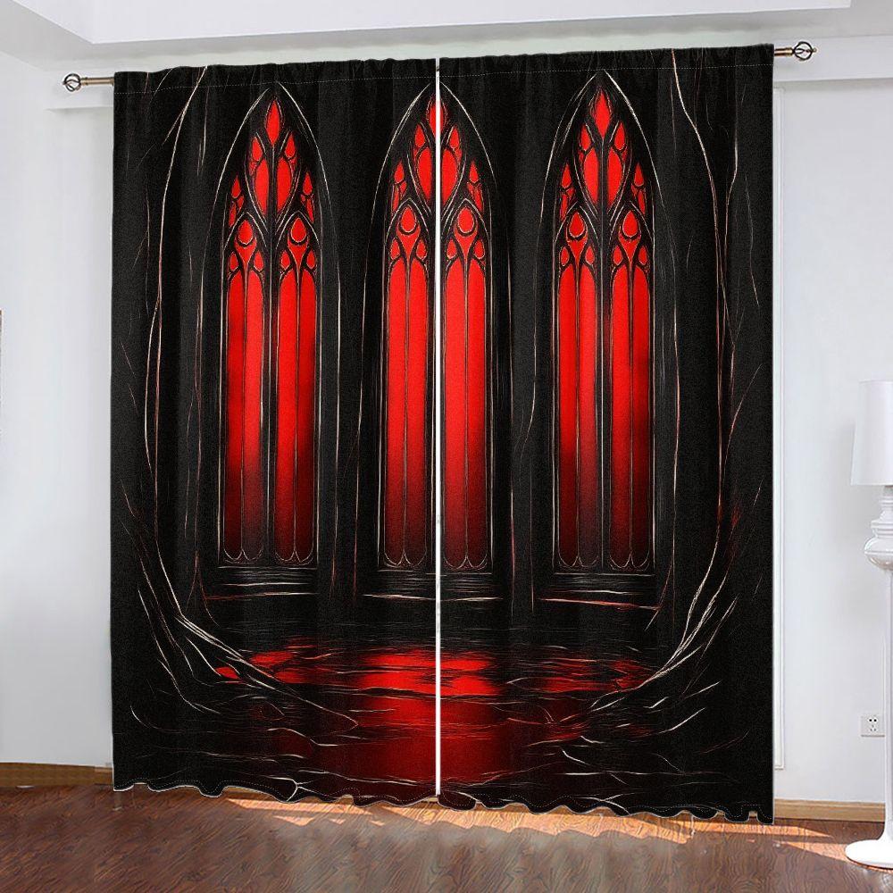 2Pcs Curtain Three Gothic Red Windows Window Drapes For Bedroom Living Room Decoration Window Treatment.