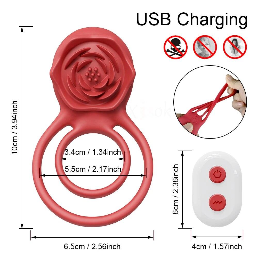 Rose-Toy Cockring Vibrator for Men and Woman Wireless Remote Control Penis Rings Delay Ejaculation Sex Toys for Male Cock Rings