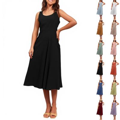 Women's Casual Colour Round Neck Sleeveless Cotton Pocket Dresses