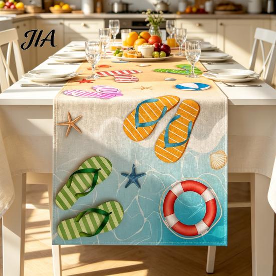 Linen Table Runner Summer Beach Runner, Ocean Wave Coastal Linens for Home House Party Decor Rectangle