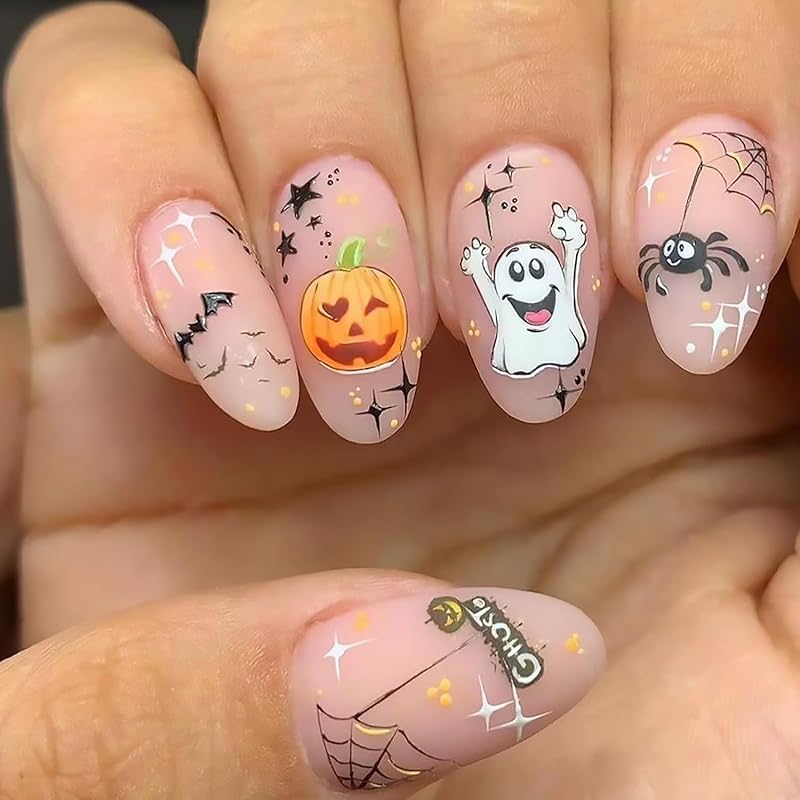 Halloween Press on Nails Medium Almond Fake Nails With Cartoon Bat Spider Eye Designs Pumpkin False Nails Full Cover Stick on Nails Acrylic Matte Halloween Press on Nails