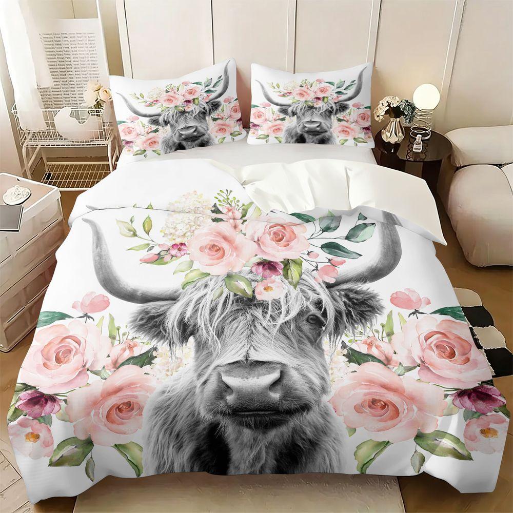 Highland Cow Floral Print Duvet Cover Set (1 Duvet Cover & 1/2 Pillowcase) Farmhouse Boho Bedding Set for Bedroom Decor