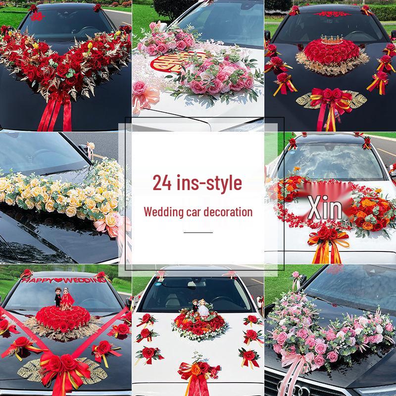 Complete Wedding Car Decoration Set: Front Flower Main Car and Lead Car Arrangement
