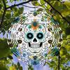 Metal Wind Spinner Chime Outdoor Hanging Garden Decor with Floral Skull Design Perfect for Halloween Christmas Thanksgiving Blue Green