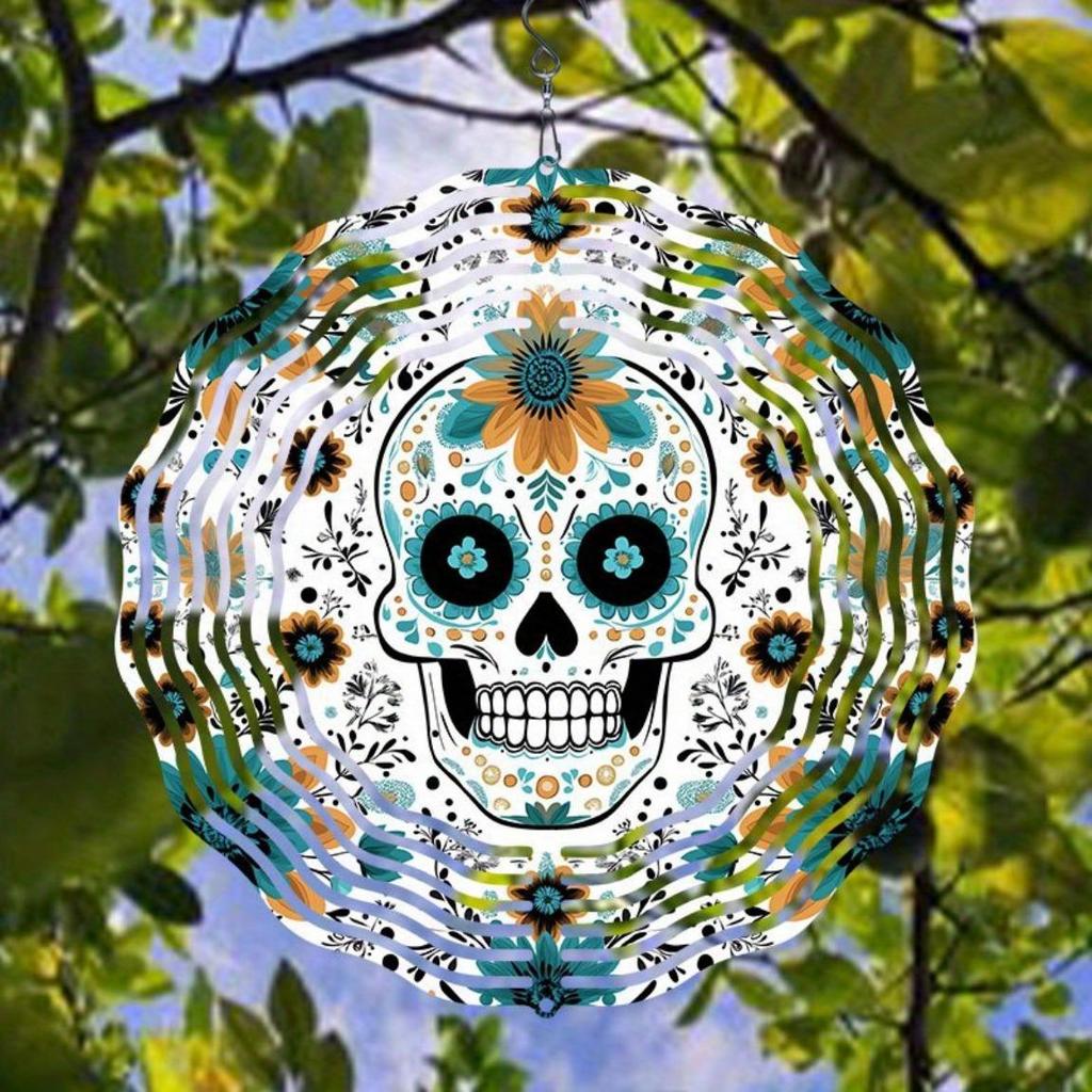 Metal Wind Spinner Chime Outdoor Hanging Garden Decor with Floral Skull Design Perfect for Halloween Christmas Thanksgiving Blue Green