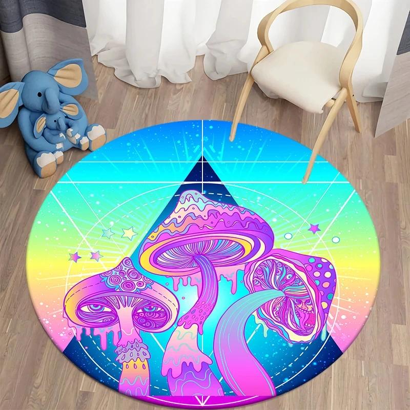 Psychedelic Mushroom Round Carpet Non-slip Boho Rug for Living Room Kids Room Home Decor Circle Floor Mat