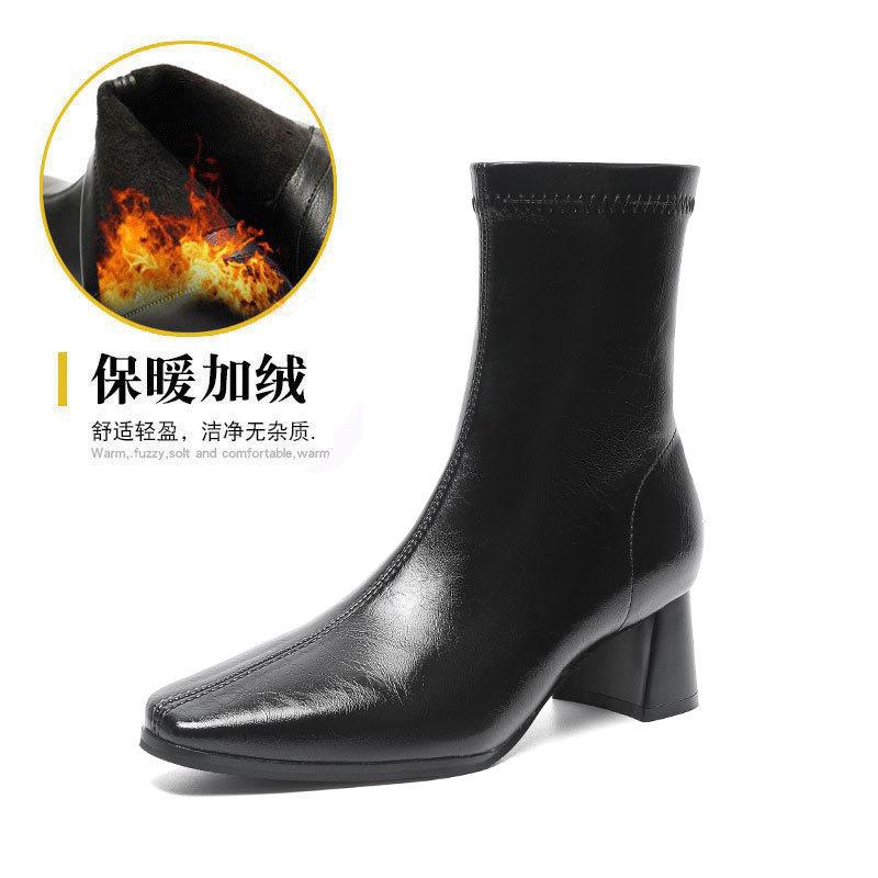 High-heeled Short Boots Women's Spring and Autumn Single Boots 2024 New Women's Boots Medium Tube Thin Pointed Fashion Boots Thick-heeled Leather Boo