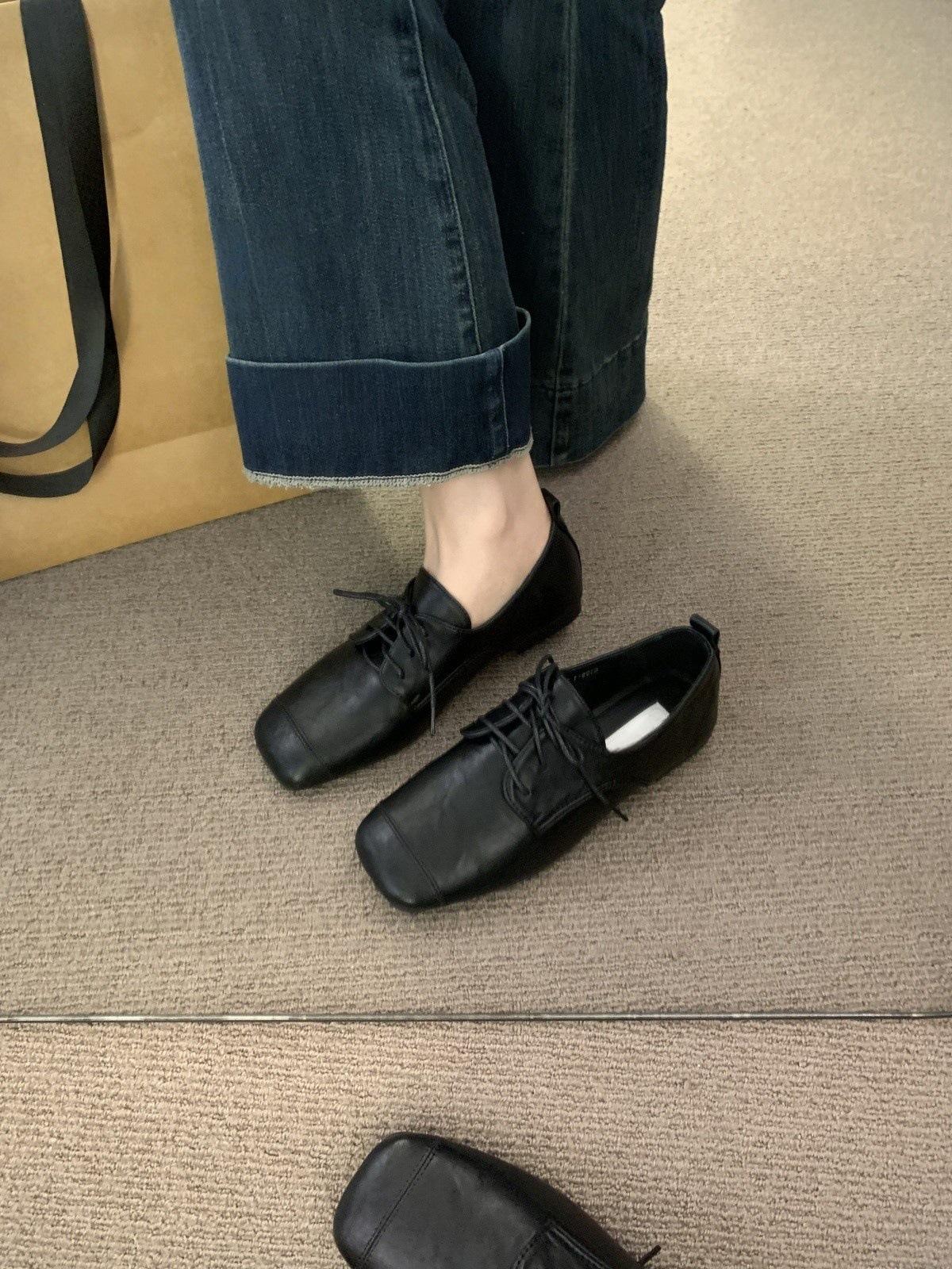 Suede strap small leather shoes black flat Mary Jane shoes soft sole square beanie shoes 35