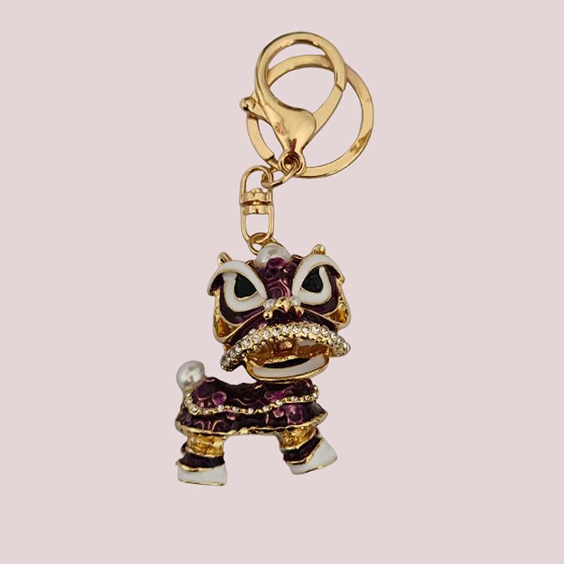 Chinese Style Lion Dance Rhinestone Metal Keychain Small Pendant Creative Backpack Keychain