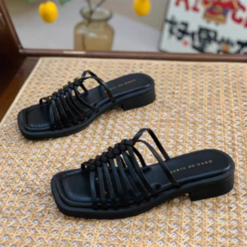 

Fashion 2025 Summer New Fashion Outer Slippers Square Toe Simple and Versatile Women s Sandals 40 чёрный