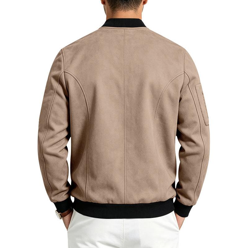 Men Faux‑Suede Bomber Jacket, Snap‑Button Front Contrast Ribbed Collar Cuffs Hem Zippered Sleeve Pocket Side Hand Pockets Casual Streetwear Outerwear
