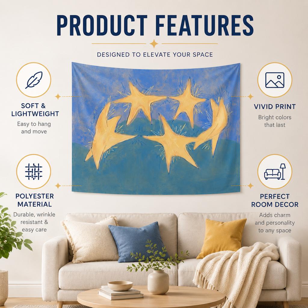 Modern Yellow Star Tapestry Flat Print Blue Background Wall Hanging For Office Dorm Bedroom Aesthetic Room Decor Wall Cloth