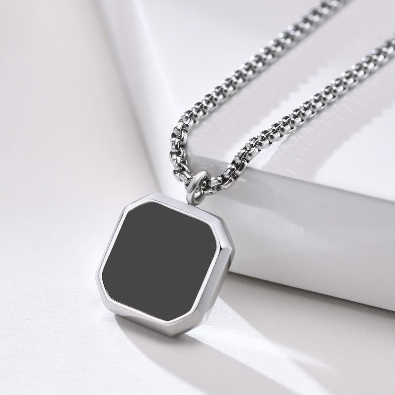Stainless Steel Square Pendant Necklace Men Long Chain Layered Hip Hop Jewelry Geometric Titanium