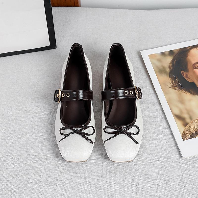Women Ballet Flats 2026 Autumn Bowknot Square Toe Belt Buckle Design Mary Jane Shoes Elegant Soft Sole High Quality Single Shoes