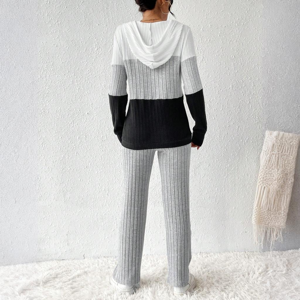 Women's Loose And Comfortable Hooded Drawstring Zipper Color Blocked Casual Fashion Top Color Pants Set