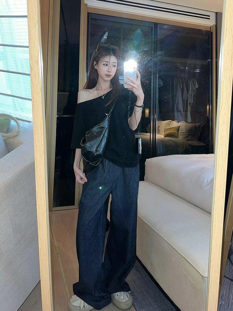 Spicy Girl Asymmetrical Neck Short-Sleeve T-Shirt - Women's Summer 2025 Korean Style Loose Slimming Top