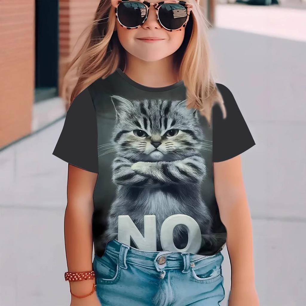 Summer Round Neck 3D Cat Pattern Printed Top Fashionable and Casual Short Sleeved Children's Boy and Girl T-shirts