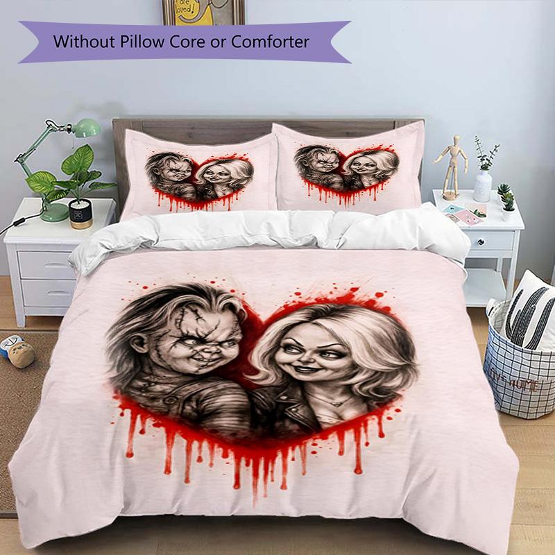 3pcs Duvet Cover Set (1*Duvet Cover + 2*Pillowcase, Without Core), Bride of Chucky Print Bedding Set, Bedroom Decor, All‑Season, Birthday Gift