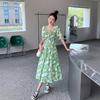 French floral dress women's summer new design sense green medium and long dress small waist A-shaped skirt