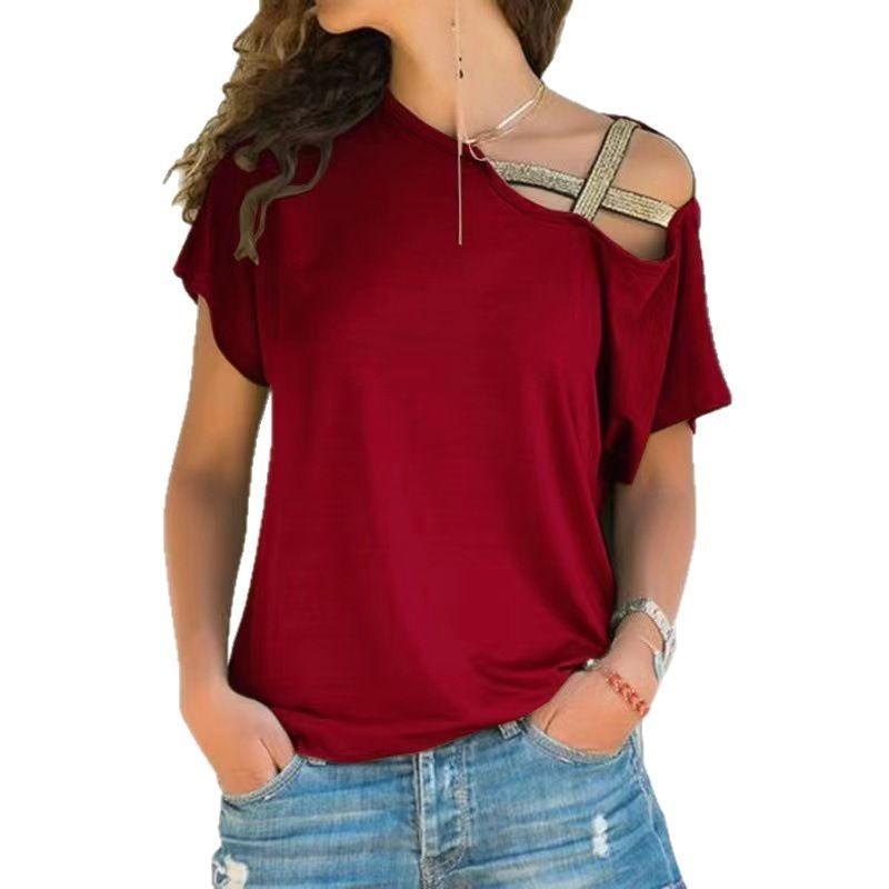 Summer New Style Simple Casual Slanted Shoulder Cross Irregular Short-sleeved T-shirt Women's Trend