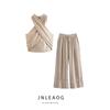 Hanging Collar Linen Tops Wide Leg Pants Female Jnleaog Homemade Fashion Style French Style Casual Suit 4043249